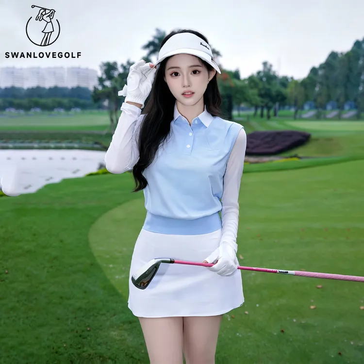 2026新款高尔夫服装女假两件长袖翻领上衣golf运动修身显瘦百褶裙