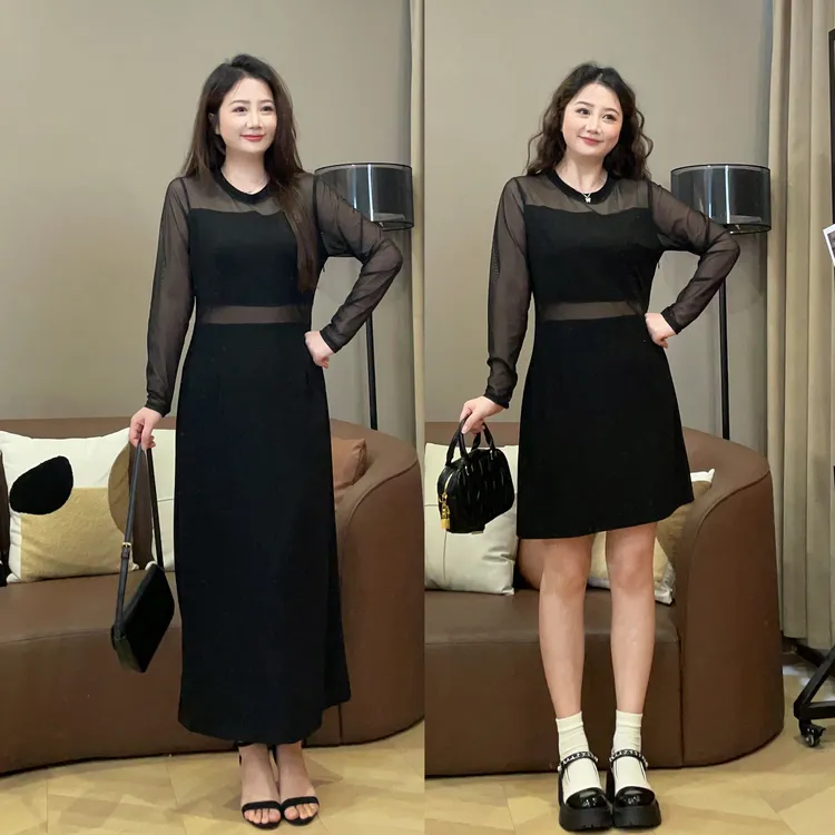 大萌萌 早秋时尚设计感拼接连衣裙微胖遮肉显瘦小黑裙P225Q13643