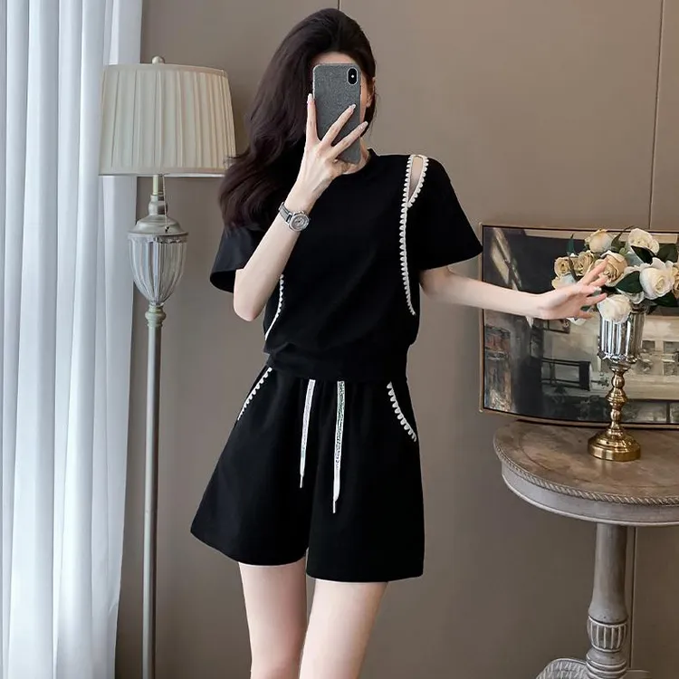 洋气花边领露肩套装女装新款小个子短袖短裤显瘦两件套女2025夏季