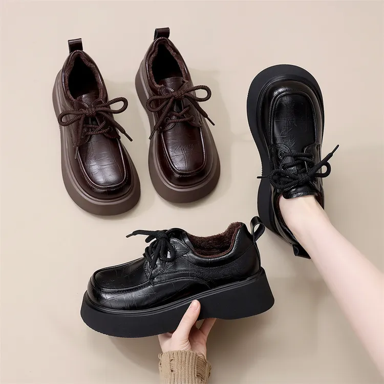 爆款厚底乐福鞋女款2025冬季新款时尚系带配裙单鞋二棉软底小皮鞋