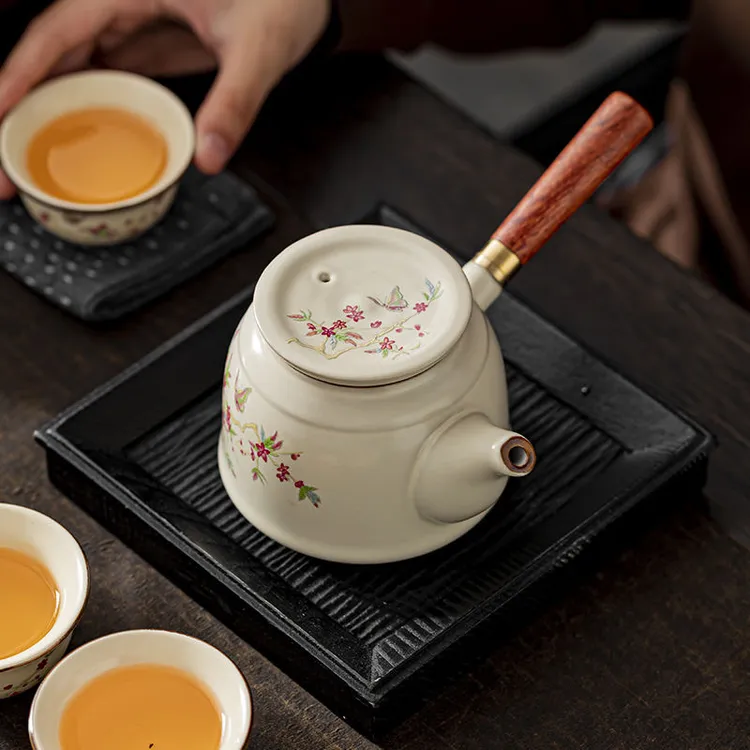 米黄汝窑家用侧把陶瓷复古大号手工泡茶壶泡茶器功夫茶具手柄茶壶