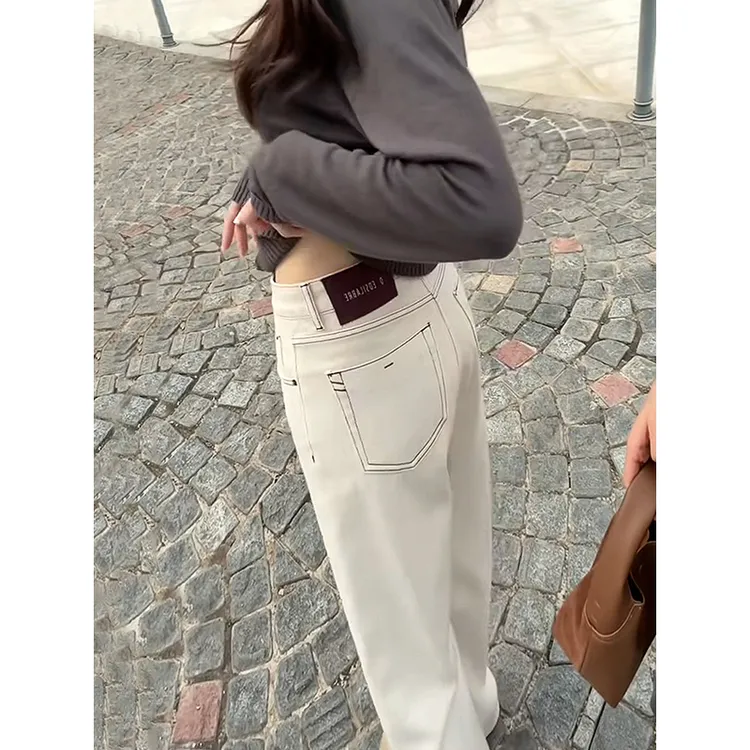 米杏色小个子阔腿牛仔裤女2025年春秋季宽松垂感加绒高腰直筒裤冬