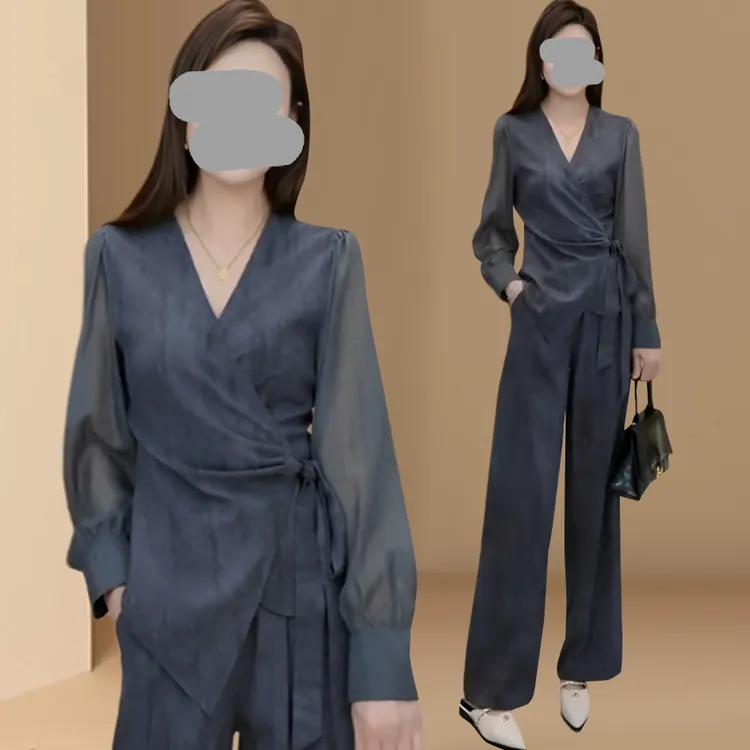 夏季新款女装套装高腰显瘦休闲慵懒风上衣阔腿裤盐系轻熟两件套装