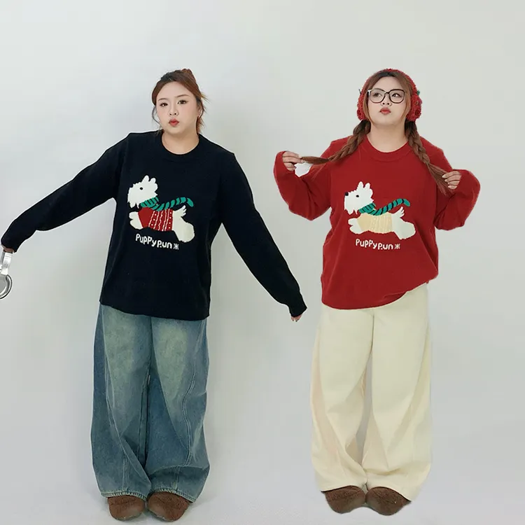 Milu家大码女装秋冬季可爱减龄印花圆领套头宽松毛衣胖mm显瘦上衣