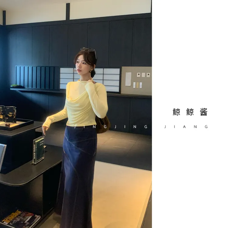 ZOZ鲸鲸酱【城市日记】气质牛仔褶皱休闲百搭薄纯色拼接显瘦半裙