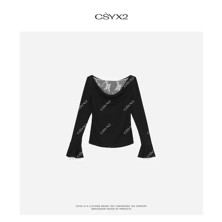 CsyX2-早秋新款【轻盈晚月】拼接蕾丝一字肩上衣CZQX004