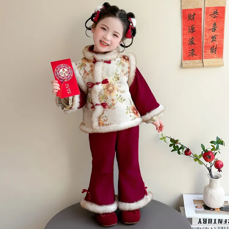 女童唐装拜年服套装冬季2025新款儿童加绒加厚汉服宝宝冬装衣服潮