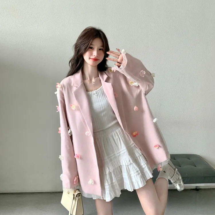 韩系ins风重工立体花朵西装外套2025春秋新款可盐可甜气质小西服
