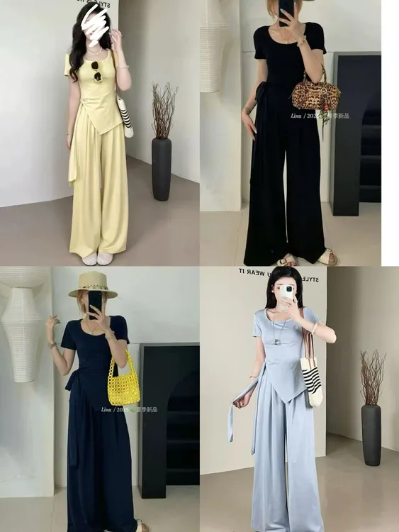 春夏大码微胖女装休闲阔腿裤不规则系绳倒三角遮肉显瘦两件套装