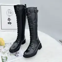 21976 冬季新款时尚休闲百搭平底英伦风系带长靴加绒