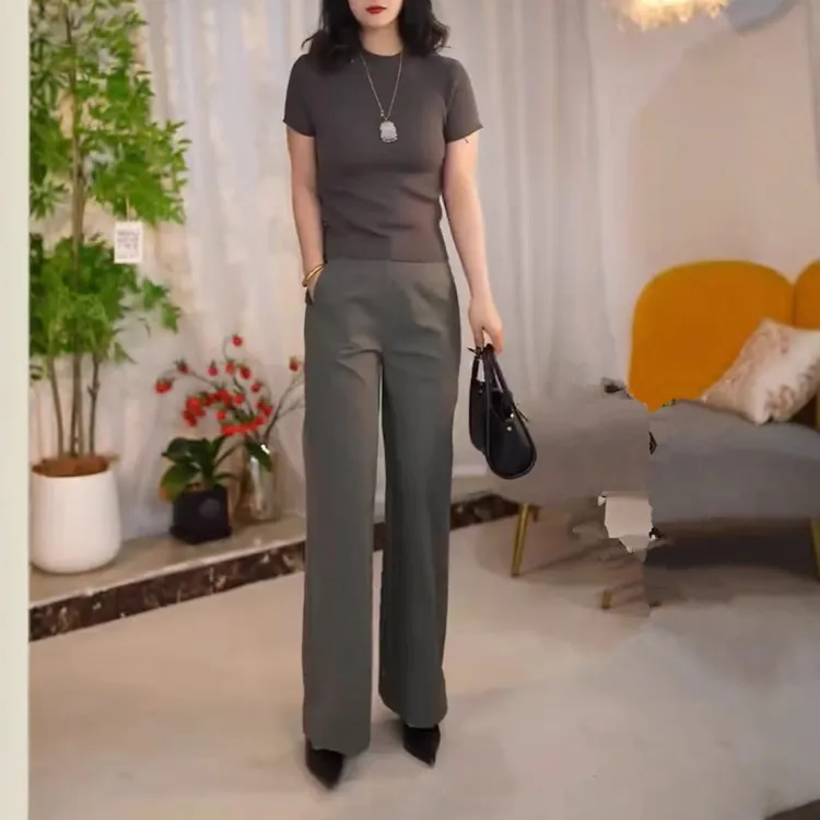 2025春夏新款纯色修身简约气质短袖T恤时尚百搭直筒长裤显瘦女