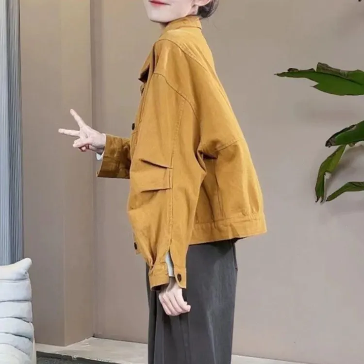 时尚设计感翻领牛仔外套女2025春秋新款休闲宽松工装夹克开衫上衣