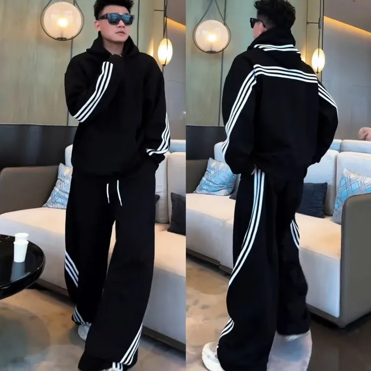 金先生同款半拉链经典三条杠连帽套装潮流时尚休闲卫衣裤子两件套