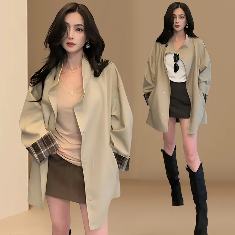 韩系时尚高级感撞色风衣外套女春秋新款廓形显瘦宽松英伦风大衣女