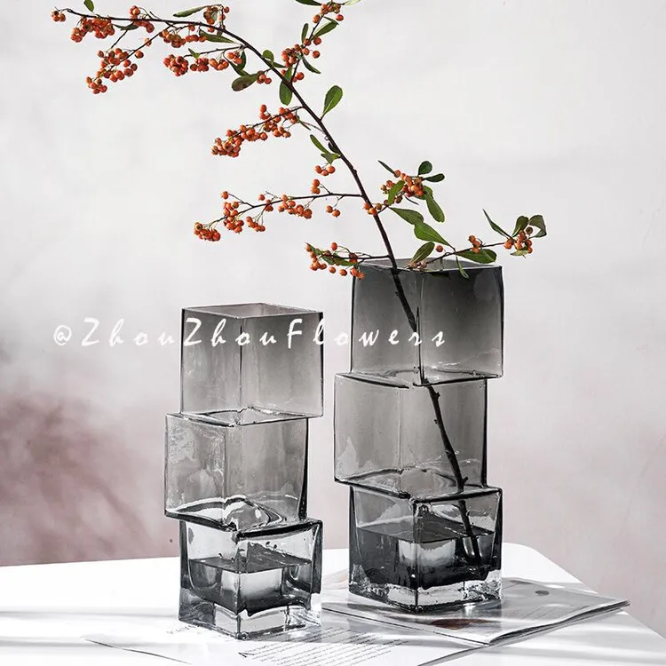 ins风创意错位玻璃透明花瓶轻奢桌面摆件插花高级感网红水养鲜花