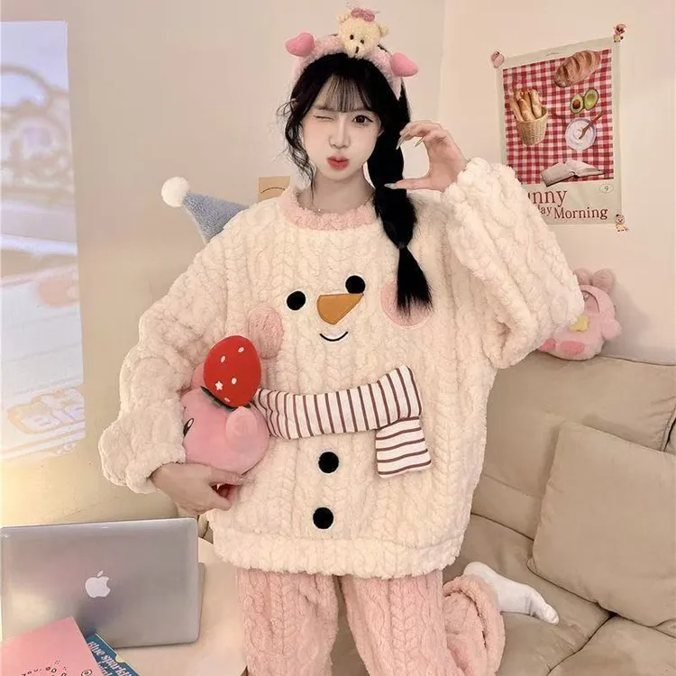 新款保暖珊瑚绒睡衣女秋冬加绒加厚可爱外穿学生少女冬季两件套装