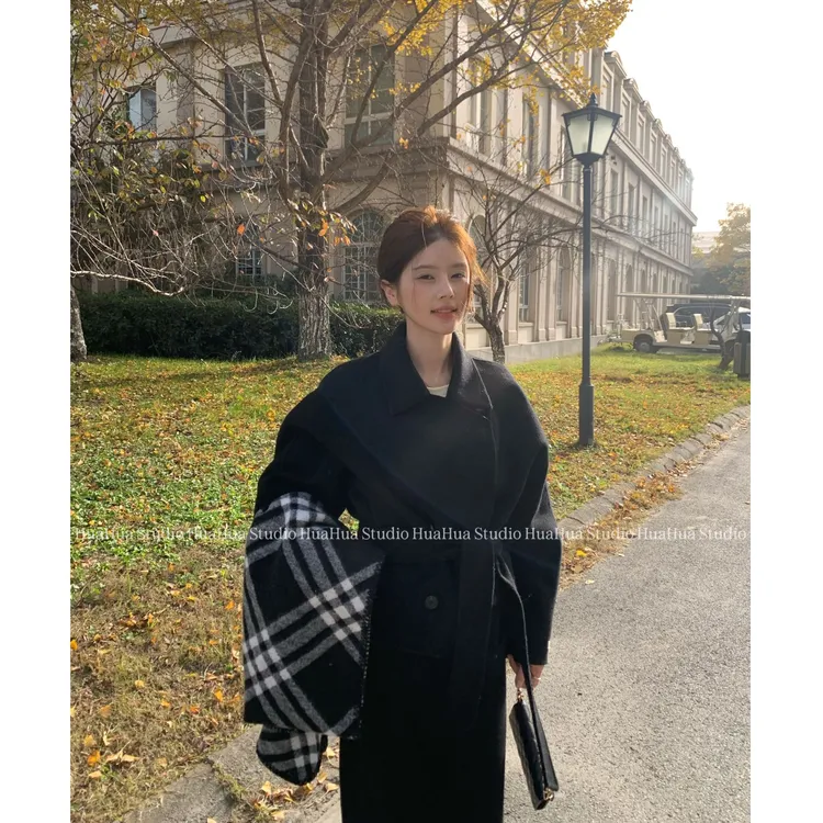 【花花】先锋美学~羊毛翻领毛呢外套新款收腰短款双面呢大衣