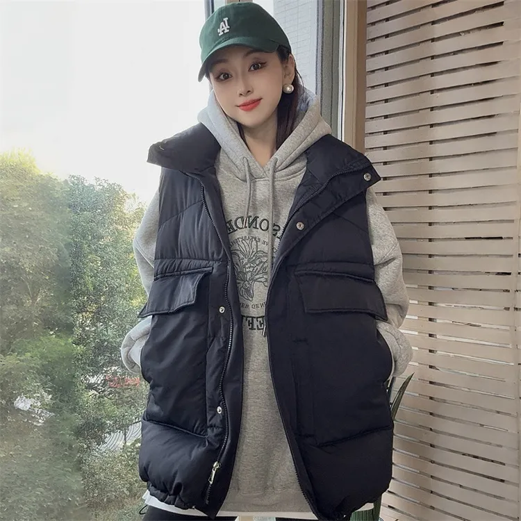 设计感立领大口袋棉马甲外套休闲百搭保暖中长款马夹坎肩2025早春