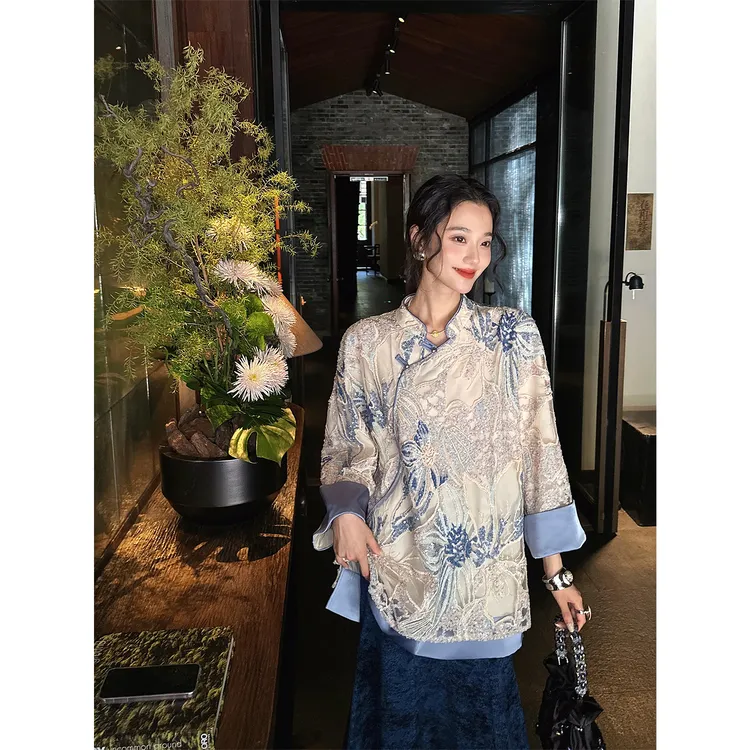 三吉黑花【风雅颂】国风新中式珠片绣花衬衫高端小上衣高级感轻奢