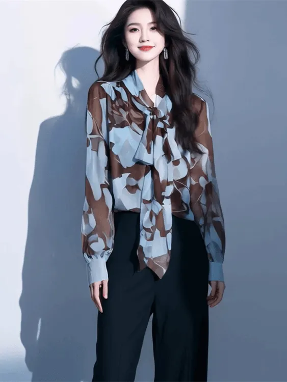 法式复古印花长袖衬衫女早春新款设计感小众气质显瘦百搭减龄上衣