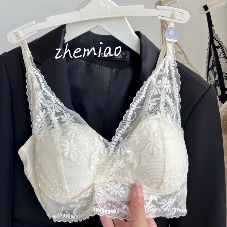 zhemiao性感法式深V美背内衣聚拢防走光舒适透气蕾丝抹胸8076