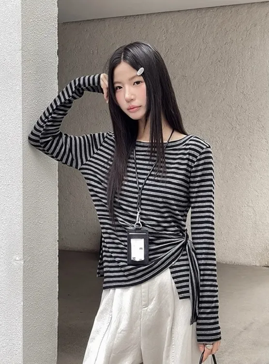 韩系不规则开叉收腰设计感上衣显瘦百搭露肩长袖T恤8173-1#0.13