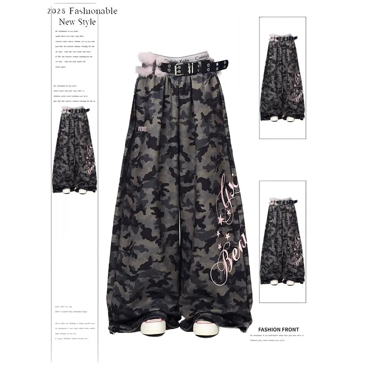 美式复古毛毛腰带字母迷彩卫裤裤子女款2025冬季新款爵士舞阔腿裤