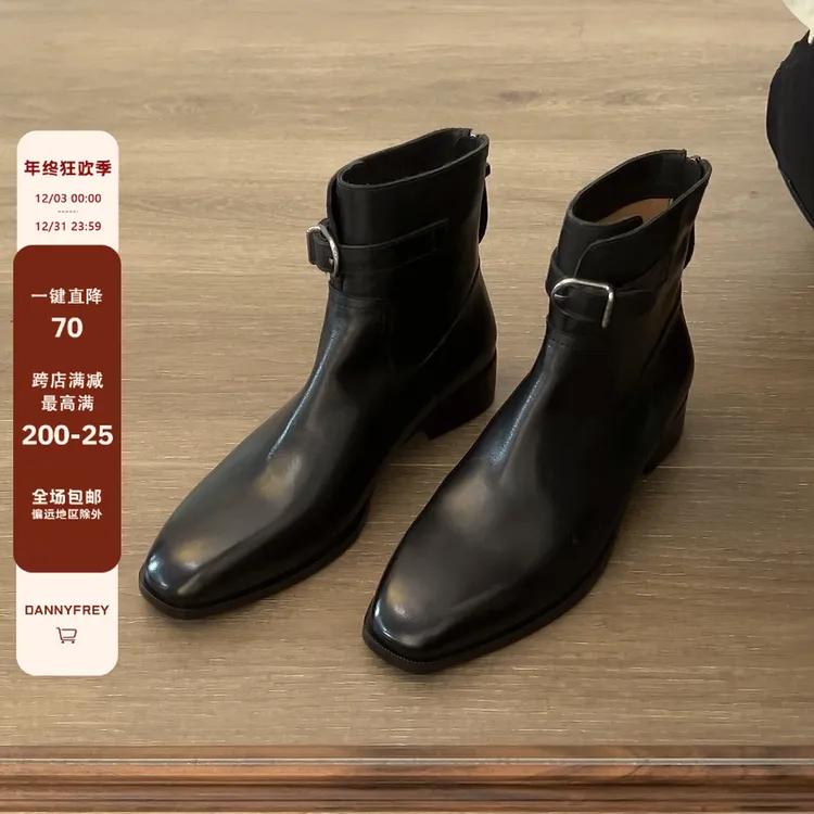 Dannyfrey皮带扣英伦风复古潮流短靴气质中跟后拉链切尔西短靴