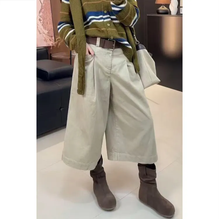 艾塔莉早秋高腰女裤时尚卡其色宽松阔腿裤休闲裤秋季复古风七分裤