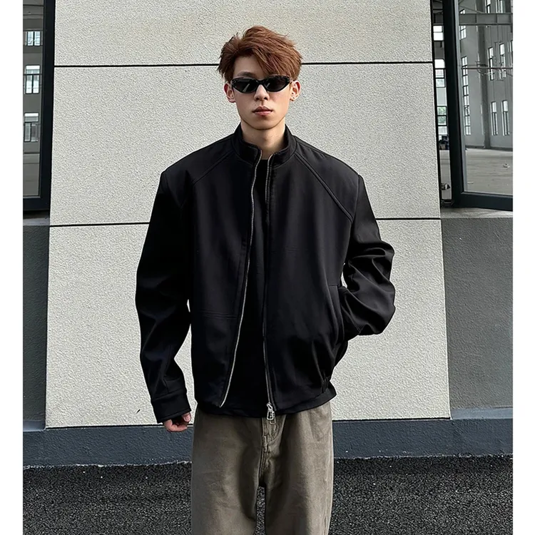 秋季男生简约垫肩夹克外套cleanfit休闲百搭宽松短宽立领上衣西装