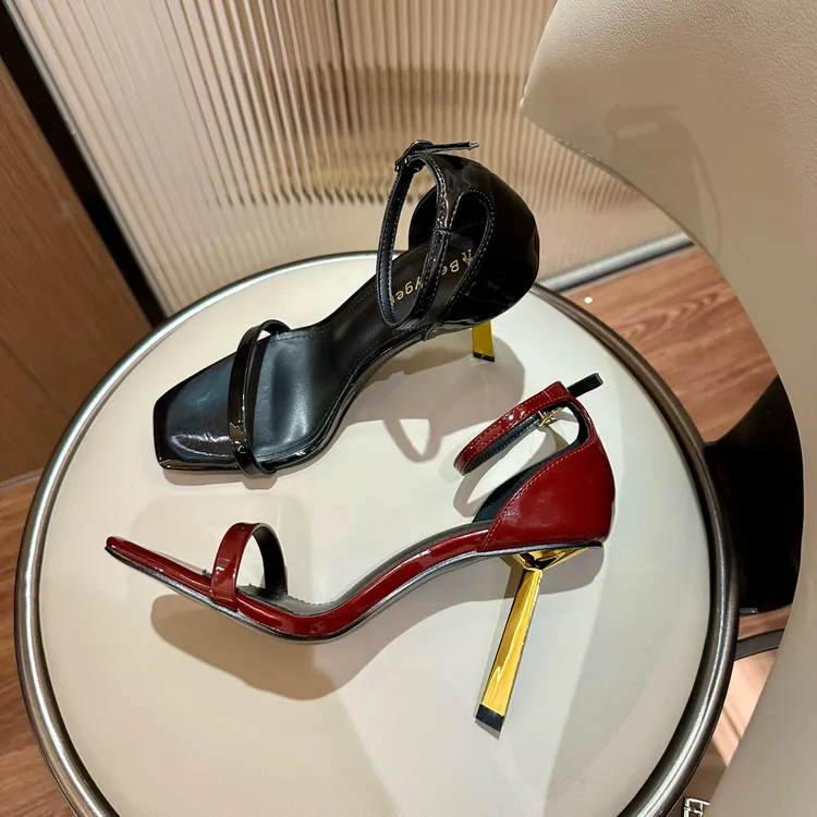 2025夏新款黑色方头细跟漆皮后空高跟鞋细跟金条跟时尚浅口女凉鞋