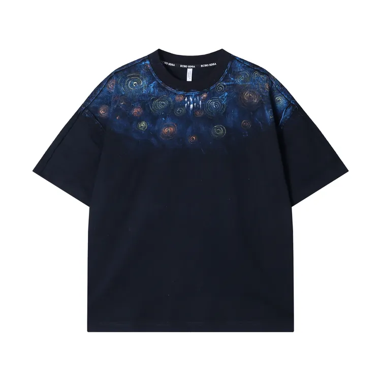 春夏新款时尚个性美式泼墨撞色旋涡圆领短袖T恤情侣潮流宽松上衣