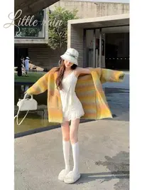 慵懒风宽松V领渐变色针织开衫女2025秋款