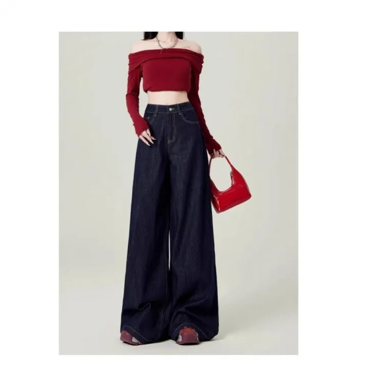 高个子高腰牛仔裤女加长美式高街深蓝阔腿秋冬显瘦收腰宽松直筒拖