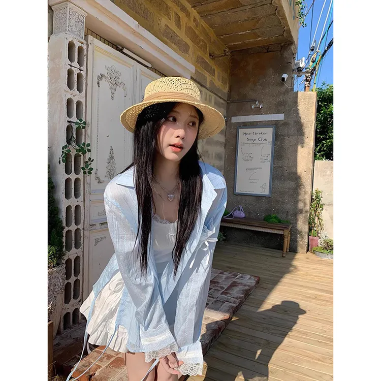 夏日清凉松弛感衬衫套装女白色V领纯欲吊带背心蕾丝半身裙三件套