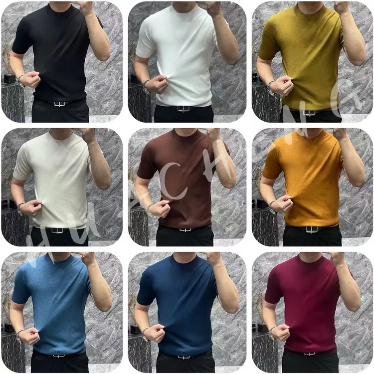 【HUACHENG】男士时尚秋季修身圆领纯色高品质简约针织短袖 9027