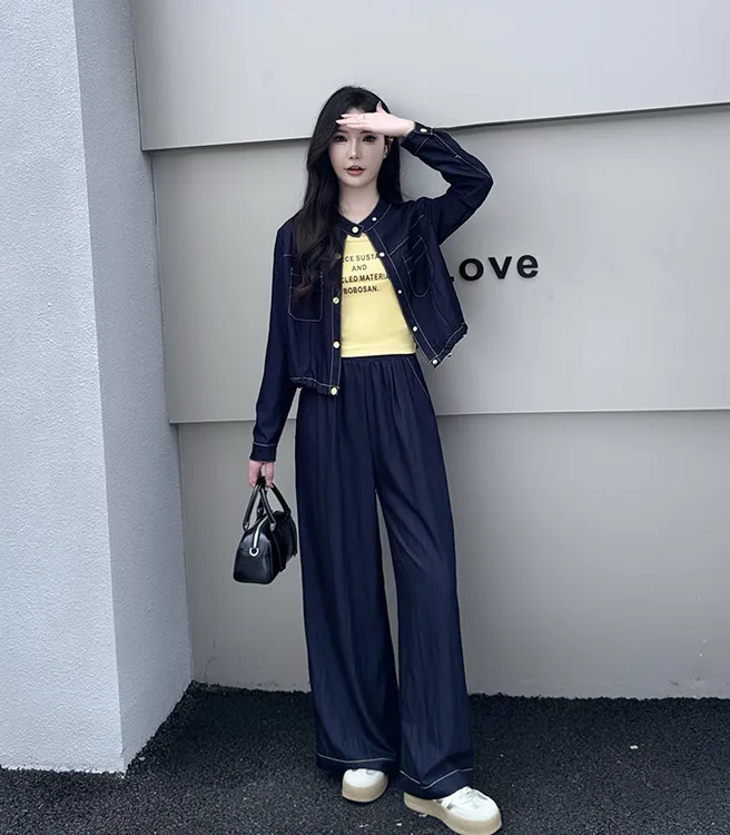 2025秋季欧韩时尚套装女长袖牛仔外套背心阔腿长裤休闲三件套裤潮