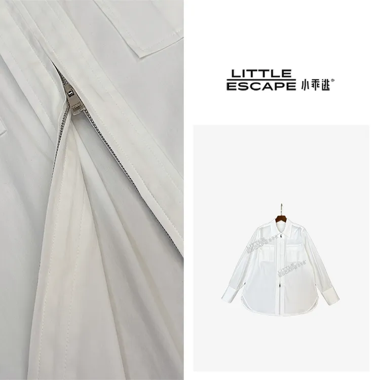 小乖逃 休闲须眉 上下拉链白色衬衫 双口袋优雅 C115