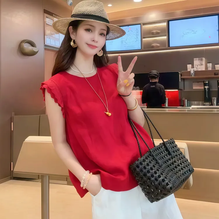 2025夏季新款女士法式红色无袖衬衫巨好看的小衫气质别致显瘦上衣