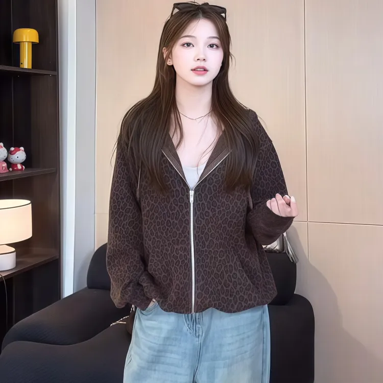 美式休闲豹纹拉链连帽外套女2025秋季新款大码胖MM休闲开衫上衣潮