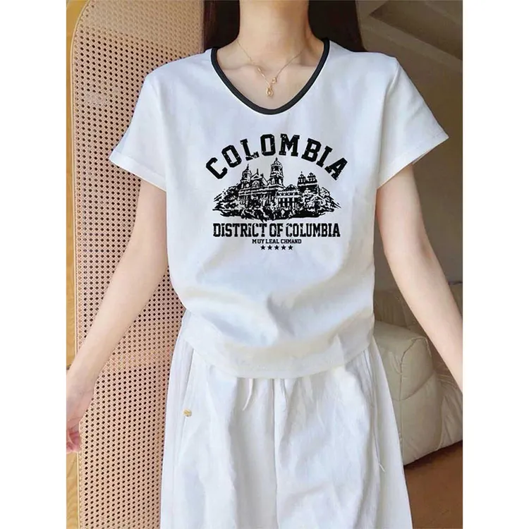 小众正肩白色V领短袖t恤女2025新款时尚百搭洋气上衣打底衫夏季潮