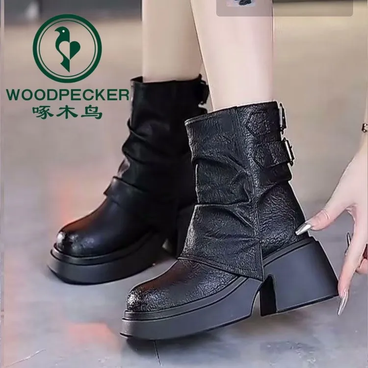 啄木鸟百搭皮靴显瘦中筒靴堆堆裤管靴女鞋新款时尚松糕厚底马丁靴
