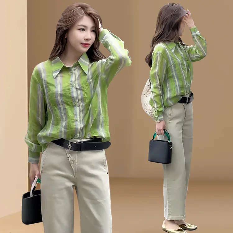 老钱风衬衫套装女春夏新款休闲慵懒度假风宽松条纹衬衫长裤两件套