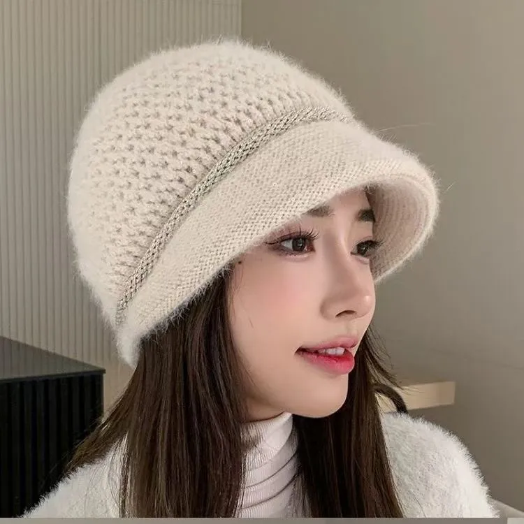 法式气质短檐贝雷帽子女秋冬季双层毛线帽保暖护耳百搭青年包头帽