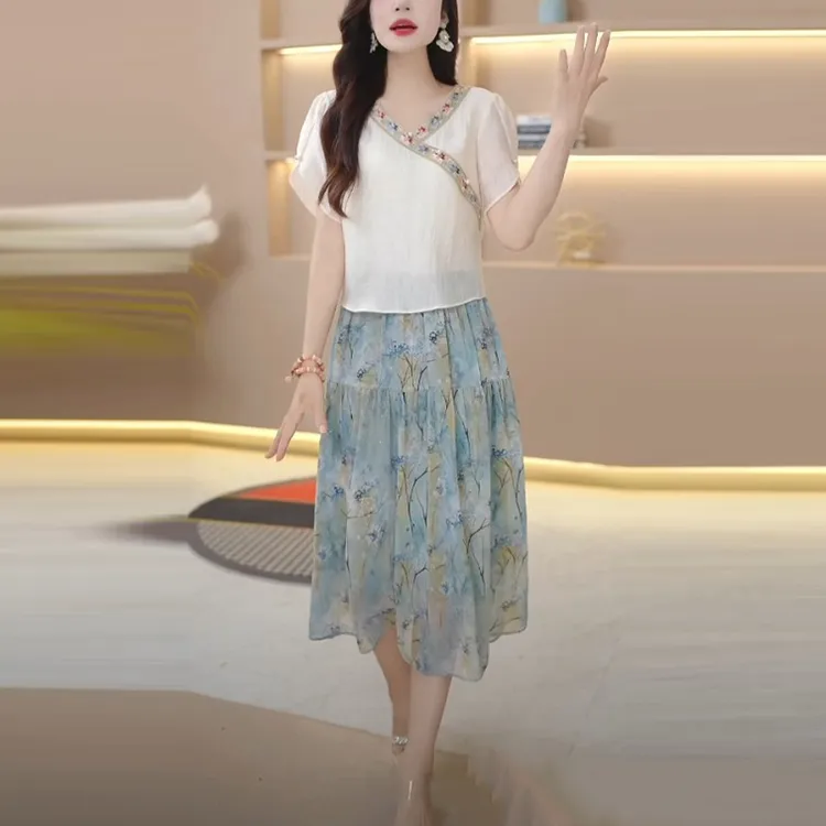 莱赛尔天丝洋气衣服女2025夏季新款时尚法式优雅假两件套连衣裙子