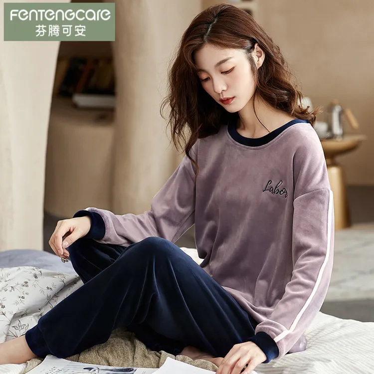 芬腾可安薄绒睡衣女秋冬款海岛绒可出门家居服春秋加绒加厚珊瑚绒