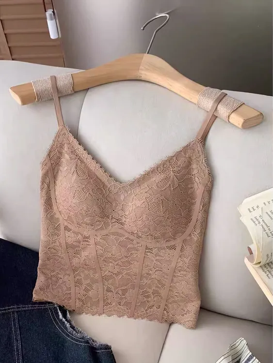 独特复古法式蕾丝吊带背心女带胸垫纯欲性感显瘦打底内搭上衣
