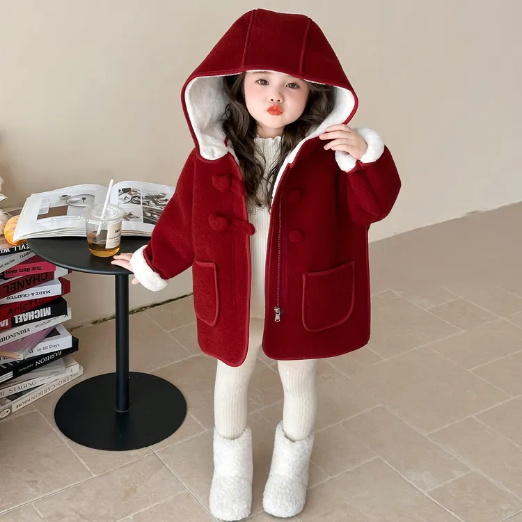 女童冬款加绒连帽呢大衣外套洋气红色新年儿童高级感爱盘扣拜年服