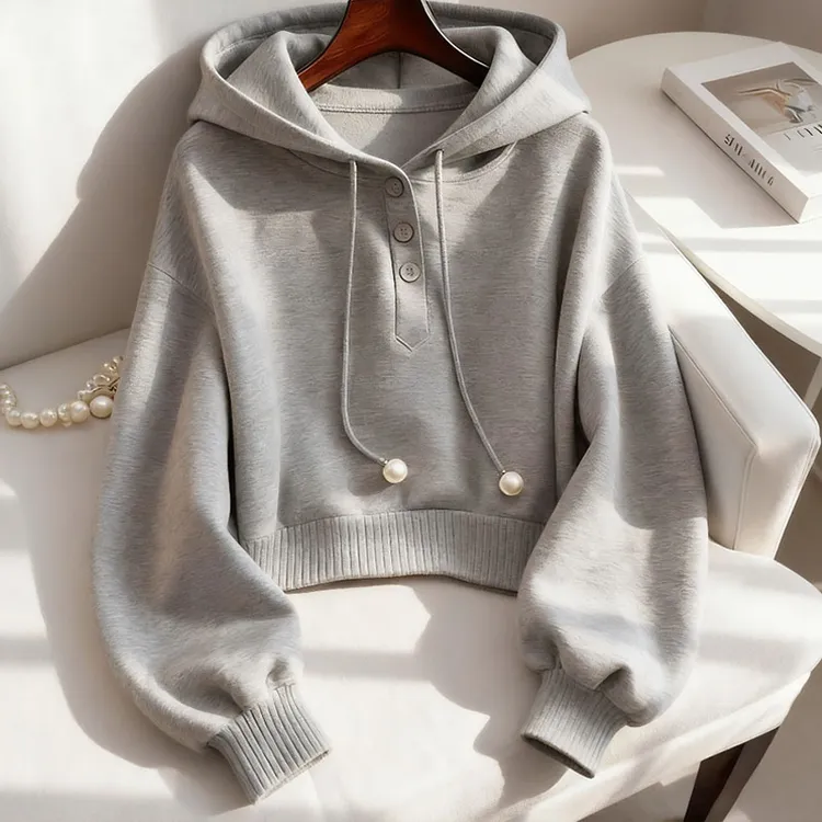小众别致灰色连帽抽绳纯色卫衣秋季韩系慵懒风时尚洋气舒适打底衫