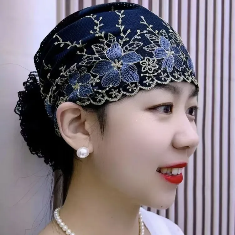 帽子女洋气四季绣花刺绣遮白发花朵包头帽时尚蕾丝盘发款新款头巾